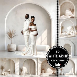 May include: A couple poses in front of a white arch backdrop. The woman is wearing a white dress and the man is wearing a white suit. The backdrop features multiple arches and a 30 White Arch Backdrop logo.