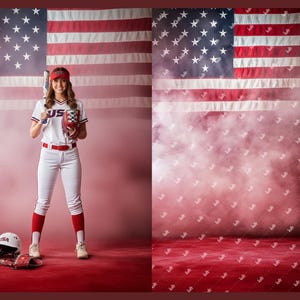 May include: A softball player in a white uniform with red accents, holding a bat and glove, stands in front of an American flag backdrop. A helmet and glove are on the ground. The uniform has "US" on the chest.