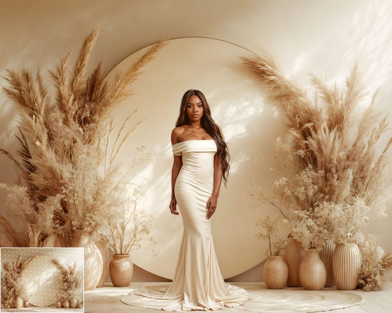 May include: A woman in a white off-the-shoulder gown stands in front of a white backdrop with dried pampas grass in vases.