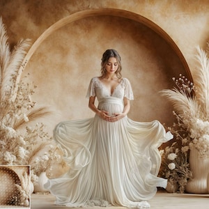 May include: A pregnant person wearing a white flowing gown with lace detailing, standing in front of a brown backdrop with dried pampas grass and white flowers in vases.