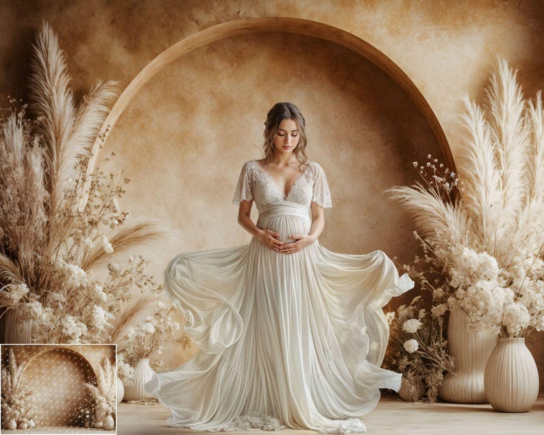 May include: A pregnant person wearing a white flowing gown with lace detailing, standing in front of a brown backdrop with dried pampas grass and white flowers in vases.