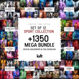 Può includere: Immagine promozionale che mostra un pacchetto di sfondi digitali e overlay nebbia. L'immagine presenta una raccolta di sfondi digitali a tema sportivo, tra cui retroilluminazione, coriandoli, pallavolo e softball. Il testo sull'immagine recita "SET OF 12 SPORT COLLECTION +1350 MEGA BUNDLE".