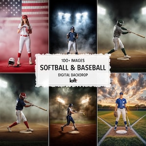 May include: A composite image featuring various baseball and softball scenes. The central text reads "100+ IMAGES SOFTBALL & BASEBALL DIGITAL BACKDROP". The images include players in action, with an American flag backdrop and stadium lighting.