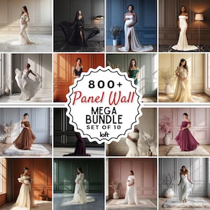 May include: A collection of maternity gowns in various colors and styles, showcased against panel wall backdrops. The image features a variety of elegant dresses, including flowing gowns and off-the-shoulder designs, perfect for maternity photoshoots. The image includes the text "800+ Panel Wall MEGA BUNDLE SET OF 10".