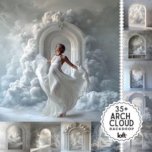 May include: A woman in a white dress with a flowing skirt stands in a white archway. The archway is surrounded by clouds, creating a dreamy and ethereal backdrop. The text "35+ Arch Cloud Backdrop loft." is visible in the lower right corner of the image.
