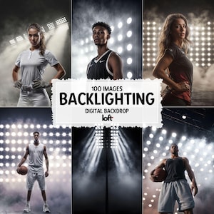 May include: A composite image featuring six portraits of athletes in a studio setting. The images are lit with backlighting, and the text "100 Images Backlighting Digital Backdrop" is displayed in the center.
