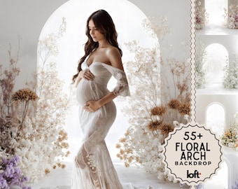 55+Floral Arch Maternity Backdrop with Fine Art Textures | Backlit Photoshop Overlays | Elegant Digital Studio Backgrounds | Floral Overlays
