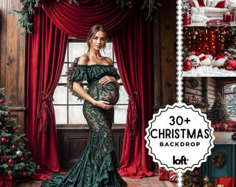 May include: A pregnant woman in a green lace gown stands in front of a red velvet curtain backdrop with Christmas decorations. The backdrop is decorated with greenery and red poinsettias. The text "30+ CHRISTMAS BACKDROP loft." is visible in the image.