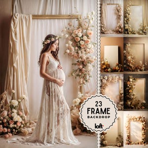 May include: A set of 23 digital backdrop images featuring a variety of floral arrangements and ornate frames. The backdrops are perfect for photographers and creatives looking to add a touch of elegance and whimsy to their photoshoots.