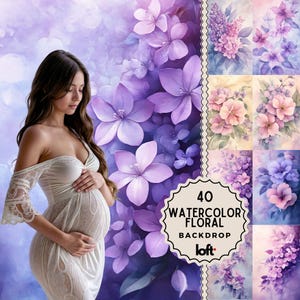 Könnte beinhalten: Eine Sammlung von 40 Aquarell-Blumenhintergründen in verschiedenen Schattierungen von Lila, Rosa und Weiß. Die Hintergründe eignen sich perfekt zum Erstellen digitaler Kunst, zum Scrapbooking oder zum Hinzufügen eines Hauchs von Eleganz zu Ihren Projekten.