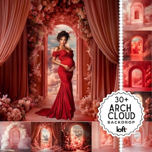 Puede incluir: Una colección de más de 30 fondos digitales con puertas arqueadas y nubes en un esquema de color rojo y rosa. Los fondos son ideales para la fotografía y se pueden utilizar para una variedad de propósitos, como retratos de recién nacidos, maternidad y familia.