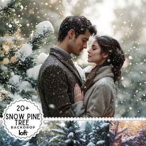 May include: A winter scene of a couple embracing in a snowy forest. The image shows a man and woman in warm coats, surrounded by snow-covered pine trees. The image includes the text "20+ SNOW PINE TREE BACKDROP loft."