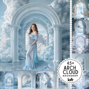 May include: A digital backdrop featuring a white archway with blue clouds and a woman in a light blue dress. The text "45+ Arch Cloud Backdrop loft" is in the lower right corner of the image.