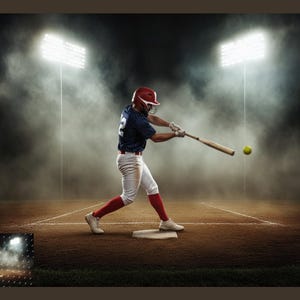May include: A baseball player in a red helmet and blue jersey swings a wooden bat at a yellow softball. The player is wearing white pants and red socks. The scene is lit by stadium lights, with a smoky background.