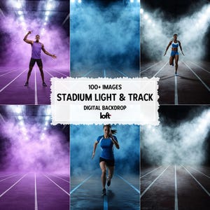 May include: A collage of images featuring athletes on a track, with stadium lighting and a smoky atmosphere. The text "100+ IMAGES STADIUM LIGHT & TRACK DIGITAL BACKDROP" is displayed.