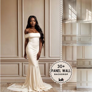 Puede incluir: Una mujer con un vestido blanco de hombros descubiertos se encuentra frente a un telón de fondo de pared de paneles blancos. El telón de fondo presenta un patrón repetitivo de paneles verticales y horizontales. El texto "30+ PANEL WALL BACKDROP loft." es visible en la esquina inferior derecha de la imagen.