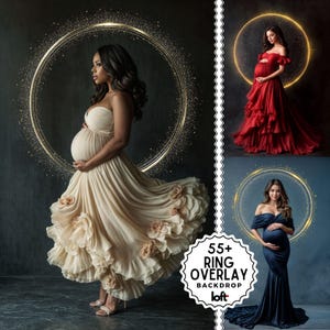 May include: Three pregnant women in different coloured dresses stand in front of a backdrop with a sparkling gold ring overlay. The text "55+ Ring Overlay Backdrop" is visible in the bottom right corner of the image.