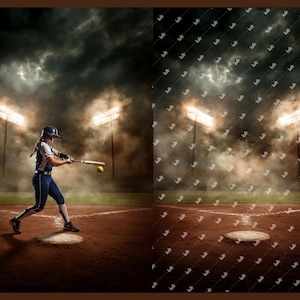 May include: A softball player in a navy blue uniform swings a wooden bat at a yellow softball on a dirt field. The scene is lit by stadium lights against a dramatic, cloudy sky. The image captures the action of a softball game.