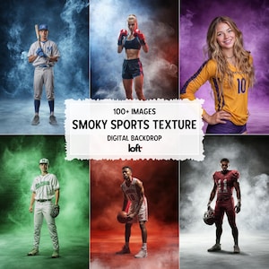 以下が含まれることがあります： さまざまなスポーツのアスリートが煙の背景を背景にしている合成画像。画像には、野球選手、ボクサー、バレーボール選手、野球選手、バスケットボール選手、アメリカンフットボール選手が含まれています。画像上のテキストは「100+ IMAGES SMOKY SPORTS TEXTURE DIGITAL BACKDROP loft」と表示されています。