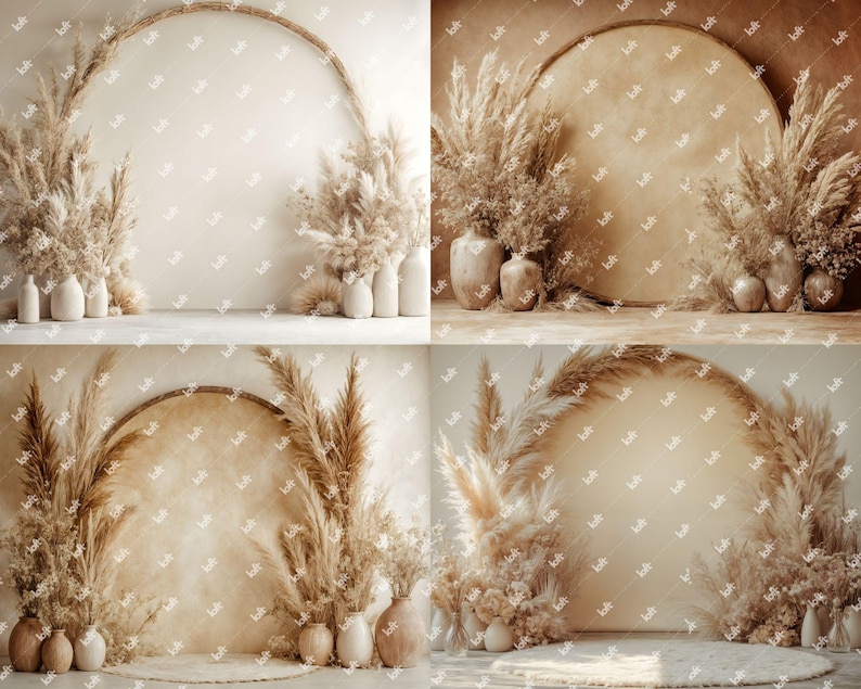 May include: Four different digital backdrops featuring a neutral beige background with a round arch or circle shape in the center. Each backdrop has dried pampas grass and other dried floral arrangements in front of the arch or circle.