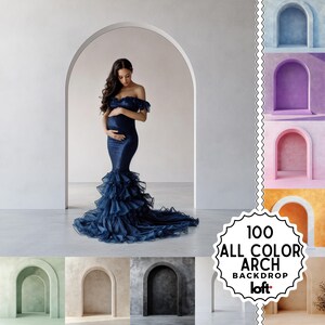 May include: A woman in a navy blue off-the-shoulder maternity gown stands in an arched doorway. The gown features a fitted bodice and a ruffled mermaid skirt. The image includes a variety of colorful arch backdrops and a logo that reads "100 ALL COLOR ARCH BACKDROP".