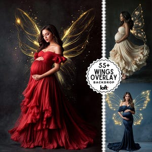 May include: Three pregnant women wearing different colored dresses with sparkling gold fairy wings behind them. The text "55+ Wings Overlay Backdrop loft." is in a circle at the bottom of the image.