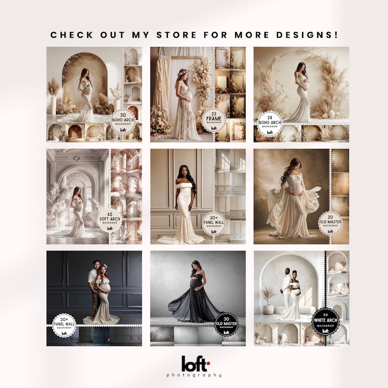 May include: A collage of nine images showcasing different digital backdrops for photography. Each image features a pregnant woman or a couple in a variety of poses and settings, including a boho arch, a soft arch, a panel wall, and an old master backdrop. The images are labeled with the name of the backdrop and the number of digital files included.