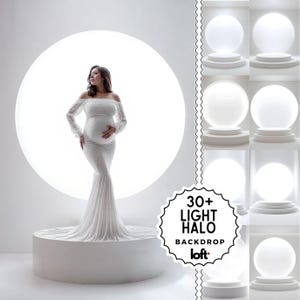 May include: A pregnant person in a white lace off-the-shoulder gown stands on a white circular platform in front of a large, bright white circle. The image includes a graphic that says "30+ LIGHT HALO BACKDROP".