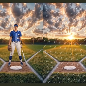 May include: A baseball player stands on the pitcher's mound, holding a bat and wearing a blue jersey with the number 23. The player is wearing a baseball cap, white pants, and blue socks. A baseball glove is on the left hand. The background features a sunset over a baseball field.