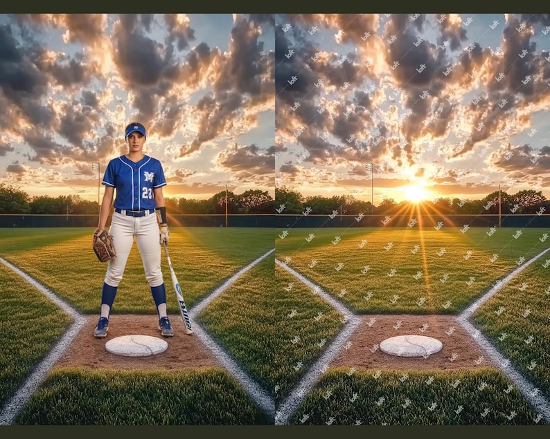 May include: A baseball player stands on the pitcher's mound, holding a bat and wearing a blue jersey with the number 23. The player is wearing a baseball cap, white pants, and blue socks. A baseball glove is on the left hand. The background features a sunset over a baseball field.