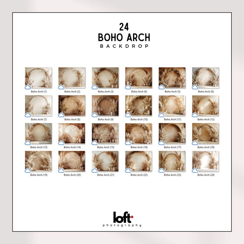 May include: A set of 24 digital backdrop images featuring a boho arch made of dried pampas grass and other natural elements. The arch is set against a neutral background, creating a warm and inviting atmosphere. The images are perfect for photographers and designers looking to create beautiful and unique backdrops for their projects.