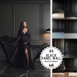 May include: A woman in a black dress poses in front of a black panel wall backdrop. The image includes a variety of black panel wall backdrops. The image also includes the text "84 BLACK PANEL WALL BACKDROP" and the brand name "loft".