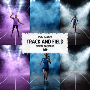 May include: A collage of images featuring athletes on a track and field. The images showcase runners in action, with a backdrop of colored smoke and stadium lighting. Text on the image reads "100+ IMAGES TRACK AND FIELD DIGITAL BACKDROP".