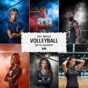 May include: A composite image featuring six portraits of volleyball players in action poses. The background includes a volleyball net and smoky effects. Text on the image reads "120+ Images Volleyball Digital Backdrop".