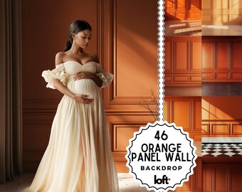 Orange Elegant Panel Wall & Maternity Backdrops, Fine Art Textures Room Digital Backgrounds, Studio Photo Overlays for Photography Gift
