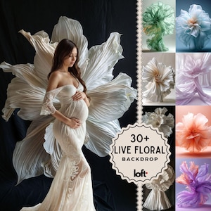 May include: A pregnant woman in a white lace dress stands in front of a large white flower backdrop. The backdrop is made of fabric and has a ruffled texture. The text "30+ LIVE FLORAL BACKDROP loft." is visible in the lower right corner of the image.