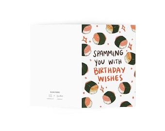 Spamming you with multiple birthday wishes blank greeting card, cute card, stationery, foodie gift, hawaiian food, spam musubi
