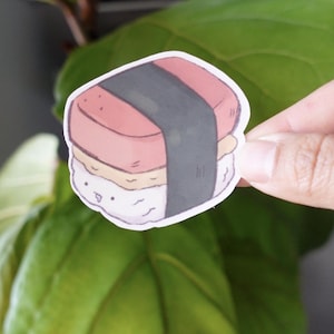 Spam Musubi egg with face drooling sticker, cute stickers, stationery, laptop sticker, foodie gifts, japanese, kawaii, hawaiian food sticker