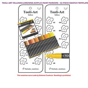 May include: A colour chart for 22 acrylic paint markers. The markers are arranged in a row, with the colours ranging from light yellow to brown. The chart is labelled "Tooli-Art Yellows & Browns Acrylic Paint Markers - 22-Piece Swatch Template".