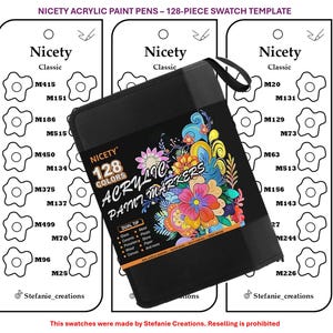 Può includere: Una custodia nera per pennarelli a vernice acrilica Nicety, con un colorato design floreale e la scritta "128 Colors Acrylic Paint Markers". L'immagine include un modello di campioni di colore e il nome del marchio.