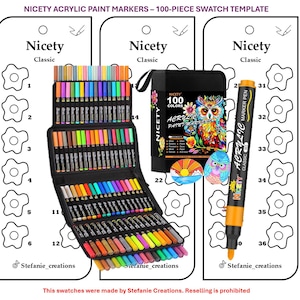 Digitale PDF-Nicety - 100-teilige Acrylfarben-Marker Mustervorlage | DIY Einzelseite Farbmuster | Druckbare Vorlage | Sofort Download