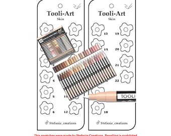 May include: A printable skin tone colour chart for 22 Tooli-Art acrylic paint markers. The chart features a flower shape for each colour swatch. The chart is labelled "Tooli-Art Skin" and includes the text "This swatches were made by Stefanie Creations. Reselling is prohibited."