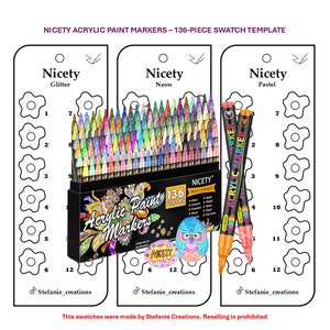 Digitale pdf Nicety: sjabloon voor 136-delige acrylverfmarkers | Zelfgemaakt kleurstaal van één pagina | Afdrukbare sjabloon | Direct downloaden