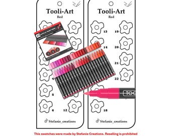 May include: A swatch template for 22 Tooli-Art acrylic paint pens in shades of red and pink. The template is printed on white paper and features a flower-shaped design for each colour. The pens are arranged in a row, with the cap of each pen showing the colour of the ink. The text "Tooli-Art" and "Red" is printed at the top of the template. The text "Stefanie_creations" is printed at the bottom of the template.