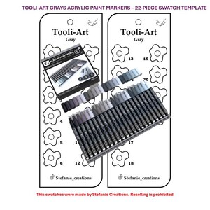 May include: A swatch template for 22 grey acrylic paint markers from Tooli-Art. The markers are arranged in a grid with numbers 1 through 20. The template is printed on white paper with a black border.