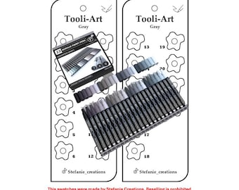 May include: A swatch template for 22 grey acrylic paint markers from Tooli-Art. The markers are arranged in a grid with numbers 1 through 20. The template is printed on white paper with a black border.
