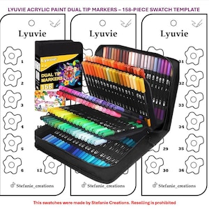Puede incluir: Una caja negra con 158 marcadores de doble punta, dispuestos en filas y etiquetados con números. La caja está abierta, revelando los marcadores coloridos. La imagen incluye una plantilla de muestra con 36 círculos para probar los marcadores.