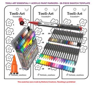 May include: A swatch template for 36 acrylic paint markers. The markers are arranged in rows of 12, with each marker labeled with a number. The markers are in a variety of colors, including black, white, gray, red, orange, yellow, green, blue, purple, and pink. The template is printed on white paper and includes the text "Tooli-Art Essential++ Acrylic Paint Markers - 36-Piece Swatch Template".