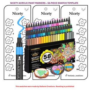 Digitale PDF-Nicety - 58-teilige Acrylfarben-Marker Mustervorlage | DIY Einzelseite Farbmuster | Druckbare Vorlage | Sofort Download