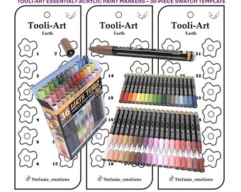 May include: A swatch template for 36 Tooli-Art acrylic paint markers in earth tones. The template features 30 flower-shaped swatches with numbers for each colour. The image includes a box of markers and two markers with the Tooli-Art brand name.